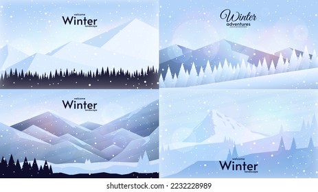 Set of winter landscape. Design for wallpaper, background, poster, banner. Hills with mountains and trees. Flat style vector illustration. 