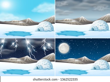 Set of winter landscape different weather illustration