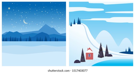 Set winter landscape mountains snow trees. Vector isolated minimal cartoon style, template baner poster