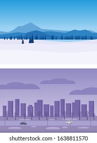 Set Winter landscape mountains woodland frosen lake river ice. Pine trees snow ice and hills. Autumn weather rainy day city fall november october season cityscape. Vector illustration isolated cartoon