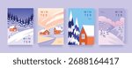 Set of Winter Landscape Posters with Snowy Houses and Pine Trees. Cozy Cabins in Mountains, Peaceful Forest and Snowfall. Vector flat illustration for cards, banners, posters, backgrounds