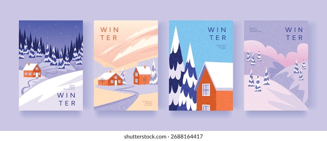 Set von Winterlandschaftsplakaten mit verschneiten Häusern und Kiefern. Gemütliche Hütten in den Bergen, friedlichen Wäldern und Schneefall. Vektorgrafik für Karten, Banner, Poster, Hintergründe