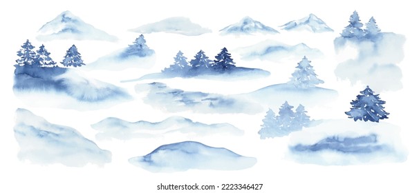 Set of winter landscape, scenery natural objects, trees, mountains, hills, forest. Foggy forest, blue watercolor texture, wash.