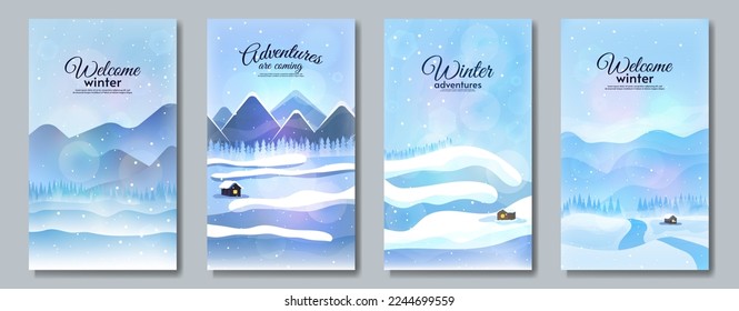 Set of winter landscape. Vector illustration, flat style. Hills with mountains and forest. Snowfall. 