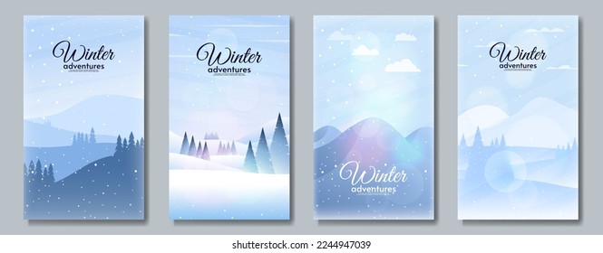 Set of winter landscape. Vector illustration, flat style. Hills with mountains and forest. Design for brochures, cover, poster, banner, background, postcard, touristic card.