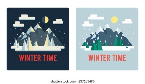 Set of winter landscapes (day and night). Mountains. Cute flat style.