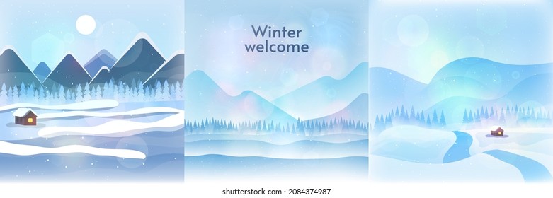 Conjunto de paisajes invernales. Estilo plano. Antecedentes nevados. Saltos de nieve. Nevada, ventisca, clima nevado. Diseño de ilustración vectorial para banner, afiche, saludo o tarjeta de visita. 