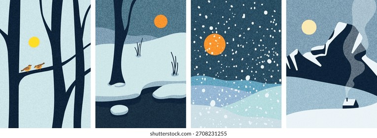 Set of winter landscapes. River, mountains, forest and birds. Flat vector illustration.