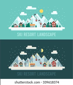 Set of winter landscapes. Ski resort landscapes. Day and night in mountains. Vector illustration ski resort. Flat style: winter sports in mountains