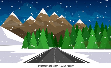 Set of winter landscapes. Vector illustration in a flat style.