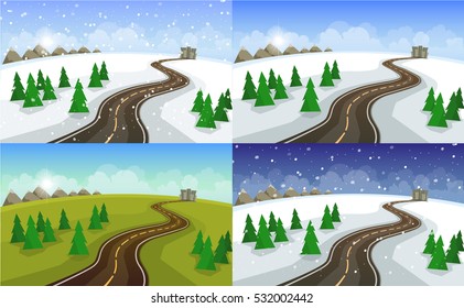 Set of winter landscapes. Vector illustration in a flat style.