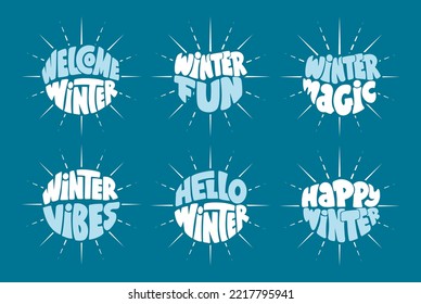 Set of Winter lettering quotes with rays on the blue background. The collection is a vector illustration