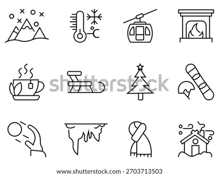 Set of winter line icon. Containing snow, cloud, christmas tree, fireworks, cold, ski, ice skates and more. Winter icon collection featuring winter and cold-weather symbols. Vector illustration
