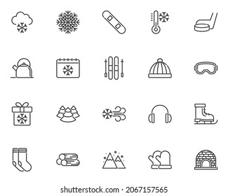set of winter line icons, snowflake, season, cold