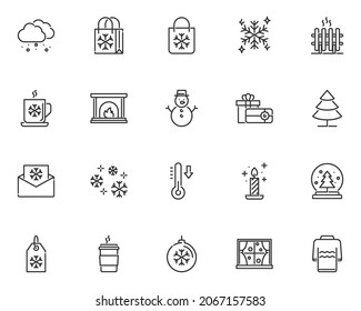 set of winter line icons, snowflake, season, cold