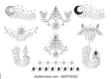 Set of winter linear pre-made design with squirrel, snowflake, Christmas tree, star, moon for decoration. Outline clipart set of winter symbol. Vector set of christmas object for postcard or poster