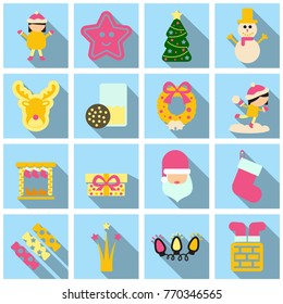 Set of winter New Year and Christmas icons in flat style with shadow