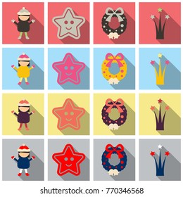 Set of winter New Year and Christmas icons in flat style with shadow