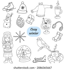 A set of winter New Year's doodles. Winter clothes, comfort, gifts, snowflakes, food, animals with other festive symbols. Hand-drawn vector, isolated white background.
