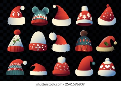 A set of winter, New Year's, multi-colored hats. Vector illustration