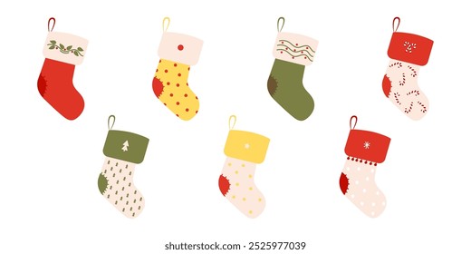 Set of winter New Year's socks. Flat clothing element and attributes of winter celebration with different designs, patterns, colors and drawings. Festive colorful stockings.