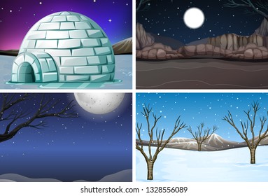 Set of winter night scene illustration