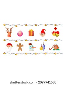 Set of winter objects for celebration of Merry Christmas elf lights snowman gift box bells and candy house Vector illustration