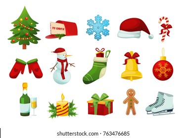 Set of winter objects for celebration of new year, happy Merry Christmas. Christmas tree, Santa Claus letter, snowflake, clothes, drinks, sweets, gifts, candles and accessories. Vector illustration.