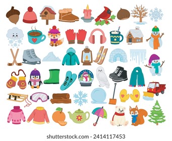Set of winter objects, clothes, accessories and animals.