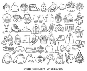 Set of winter objects, clothes, accessories and animals in black and white.