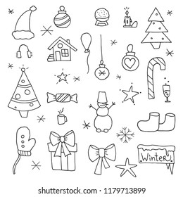 set of winter objects, doodle cartoon vector illustration.