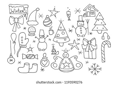 set of winter objects, doodle cartoon vector illustration.