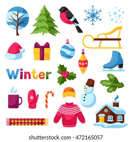 Set of winter objects. Merry Christmas, Happy New Year holiday items and symbols.