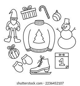 Set of winter objects. New Year's sweater and mittens. Gifts, skates, snowman, Santa Claus. January 1. Winter entertainment. Warm clothes. Calendar. Christmas toy and ball. Vector illustration