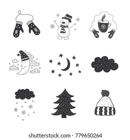 Set of winter objects. Nursery art. Minimalist scandinavian style. Character for kids card, print for t-shirt and more.