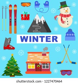 Set of winter objects on blue background