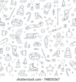 Set of winter objects on a white background. Icons with winter sports, elements of clothing, gifts and New Year's attributes. Vector Collection of Elements in Styled Hipster