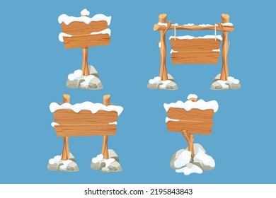 Set winter old wooden blank, signboard with snow in cartoon style.Empty frames, direction plank isolated on blue background. Season decoration