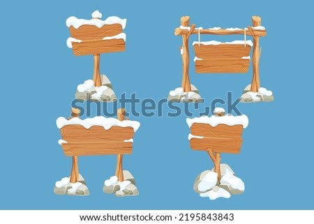 Set winter old wooden blank, signboard with snow in cartoon style.Empty frames, direction plank isolated on blue background. Season decoration