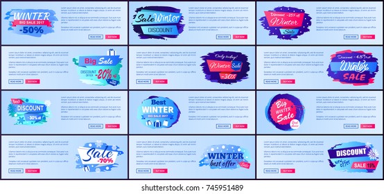 Set of winter online posters with new offer discounts big seasonal sale 2017 collection of advertising labels with information about prices off vector
