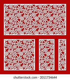 Reihe von Winterpaneelen mit Schneeflocken. Schmale und breite Grenzen. Quadrat, rechteckige Formen. Dekoration für Feiertage, Weihnachten, Neujahr. Vektorvorlage für Plotter Laserschneiden von Papier, Holz, cnc.