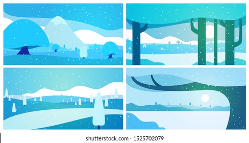 Set of winter panoramic landscape background with snow, trees and hills in flat colorful style. Cartoon vector horizontal illustration. Seasonal concept for design banner, card.