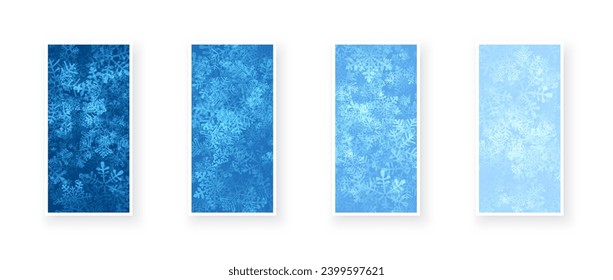 Set of winter paper cards with blue winter background and detailed transparent snowflakes. Christmas and happy new year banners. Vector illustration