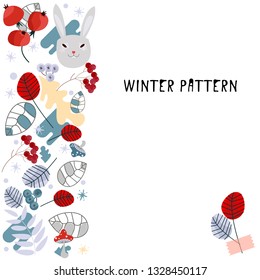 Set of Winter pattern. Decorating winter plant pictures. Vector. Template greeting card or diary cover. Vector illustration of winter berries and fruits. Hare. Winter elements of plants and grass. Tex