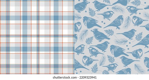 A set of winter patterns. Silhouettes of wintering birds, gray background, decorative ornament. Scottish winter tartan.
