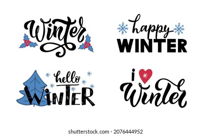 Set of winter phrases Happy winter, Hello winter. Vector colorful illustration. Modern brush calligraphy, hand lettering typography for icon, badge, banner, poster, card isolated on white background 