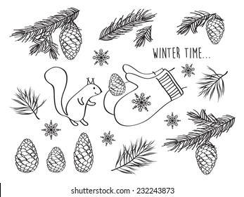 Set of winter pictures. Cones, spruce and pine spruce, squirrel. Isolated on white background. Merry Christmas. Happy New Year. Doodles. Hand drawing. Vector illustration.