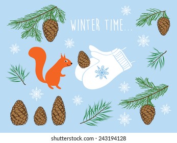 Set of winter pictures. Cones, spruce and pine spruce, squirrel. Hand drawing. Merry Christmas. Happy New Year. Doodles. Vector illustration.