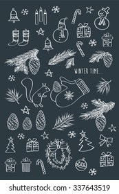 Set of winter pictures. Merry Christmas. Happy New Year. Hand drawing with chalk on a blackboard. Doodles, sketch, design elements. Vector.