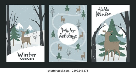Juego de postales de invierno. Conjunto de folletos publicitarios. Cupón de descuento. La Navidad se difundió. Venta de primavera.